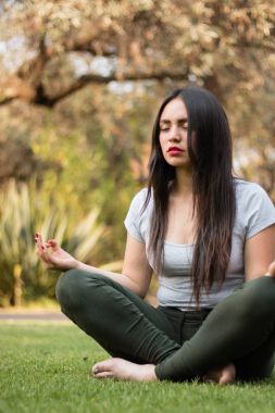 Park'ın çim, lotus pozisyonda oturan kız Ardha Padmasana