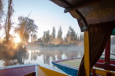 Güzel trajineras, el-boyalı geleneksel renkli deniz araçları Xochimilco Kanallar içinde gezinmek için kullanılan