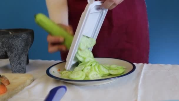 Close Chopping Cucumber Mandolin Slicer Handheld Shot — Stock Video