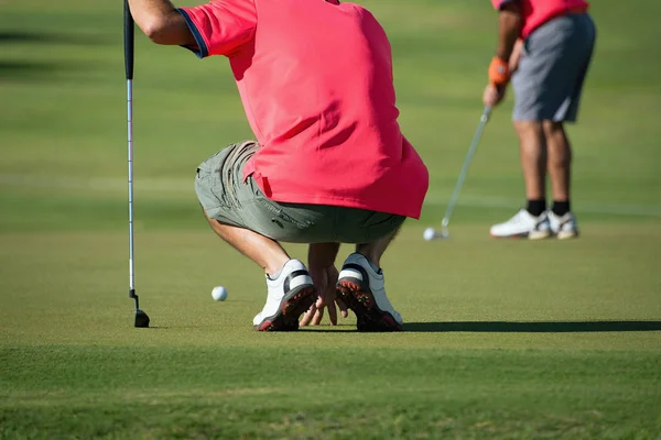 Golf spelare hukande och studera gröna innan skott — Stockfoto