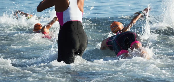Group triathlon participants running into the water for swim — Stock Photo, Image