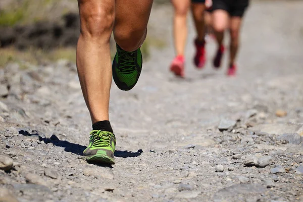 Trail running group on mountain path exercising,freeze action closeup of running shoes in action