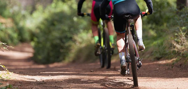 Rowerzyści Górscy Jeżdżący Szlakiem Rowerowym Wyścig Rowerów Górskich — Zdjęcie stockowe