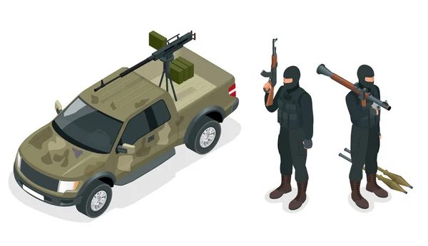 Isometric model of pickup truck armed with machine gun. Spec ops police officers SWAT in black uniform. Soldier, officer, sniper, special operation unit, SWAT flat 3d isometric illustration. — Stock Vector