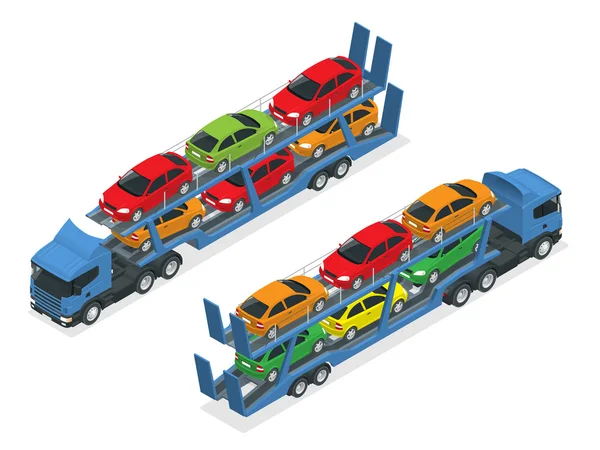 Isometric Car transport truck on the road with different types of cars flat vector illustration. The trailer transports cars — Stock Vector