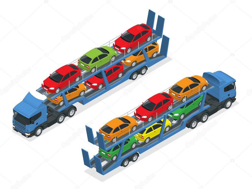 Isometric Car transport truck on the road with different types of cars flat vector illustration. The trailer transports cars