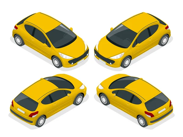 Hatchback isométrico. Ilustração vetorial isométrica. O conjunto de objetos isolados contra o fundo de gravação e mostrados de lados diferentes —  Vetores de Stock