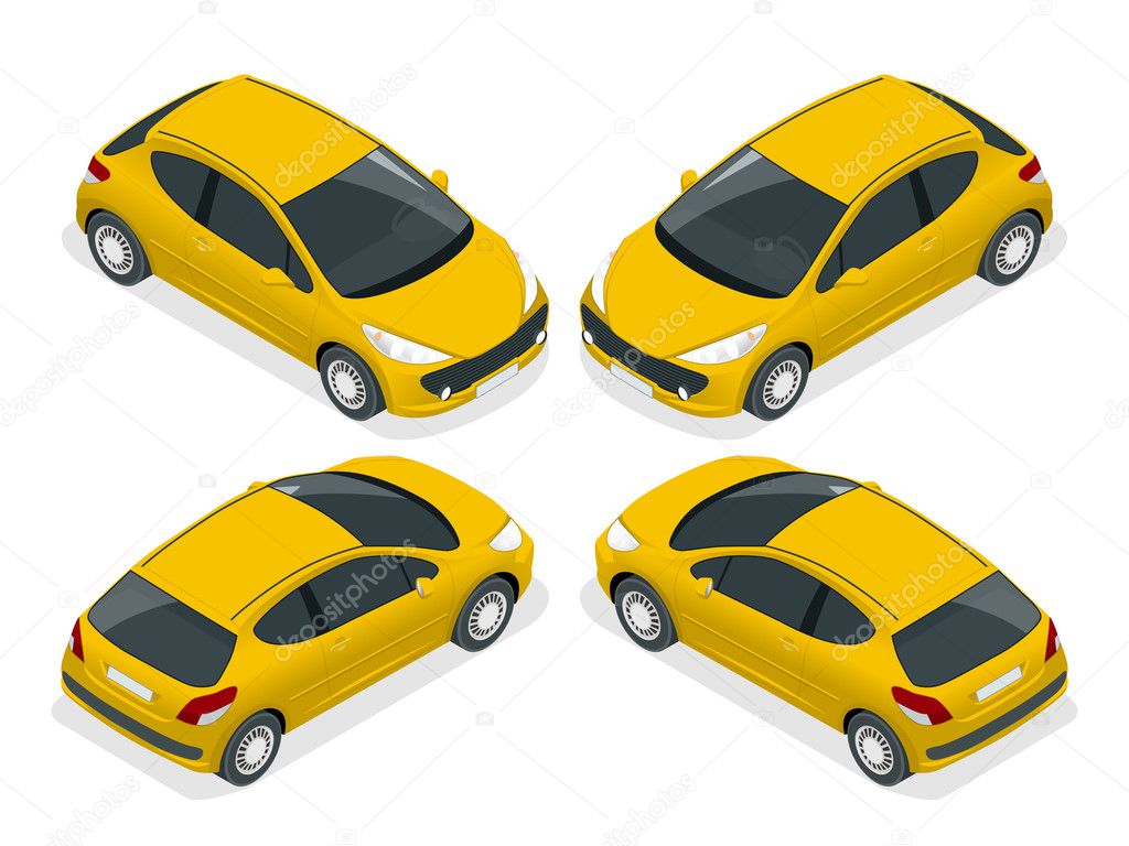 Isometric hatchback. Isometric vector illustration. The set of objects isolated against the write background and shown from different sides
