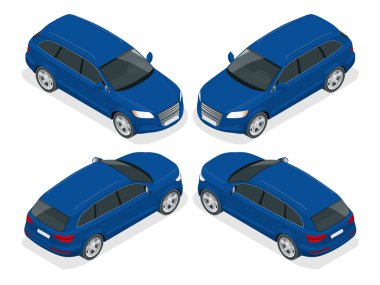 Hatchback araba. Düz 3d izometrik çizim vektör. Yüksek kalite şehir ulaşım simgesi.
