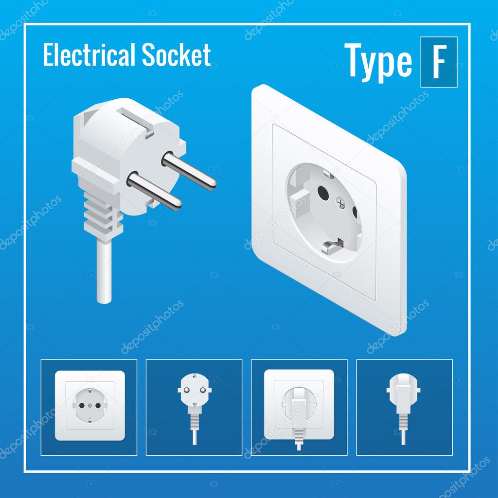 Isometric Switches and sockets set. Type F. Realistic vector illustration.