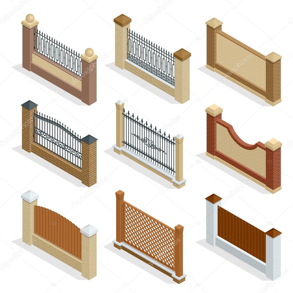 Vector Isometric icon or infographic Different designs of fences and gates isolated on a white background. Stone fence, iron fence, wrought-iron fence illustration.