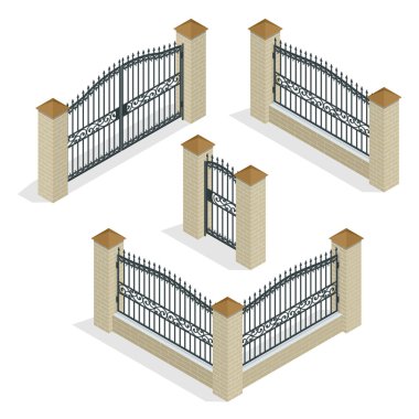 Vektör izometrik simgesini veya Infographic farklı tasarımlar çitler ve beyaz bir arka plan üzerinde izole gates. Taş çit, demir çit, Ferforje çit illüstrasyon.