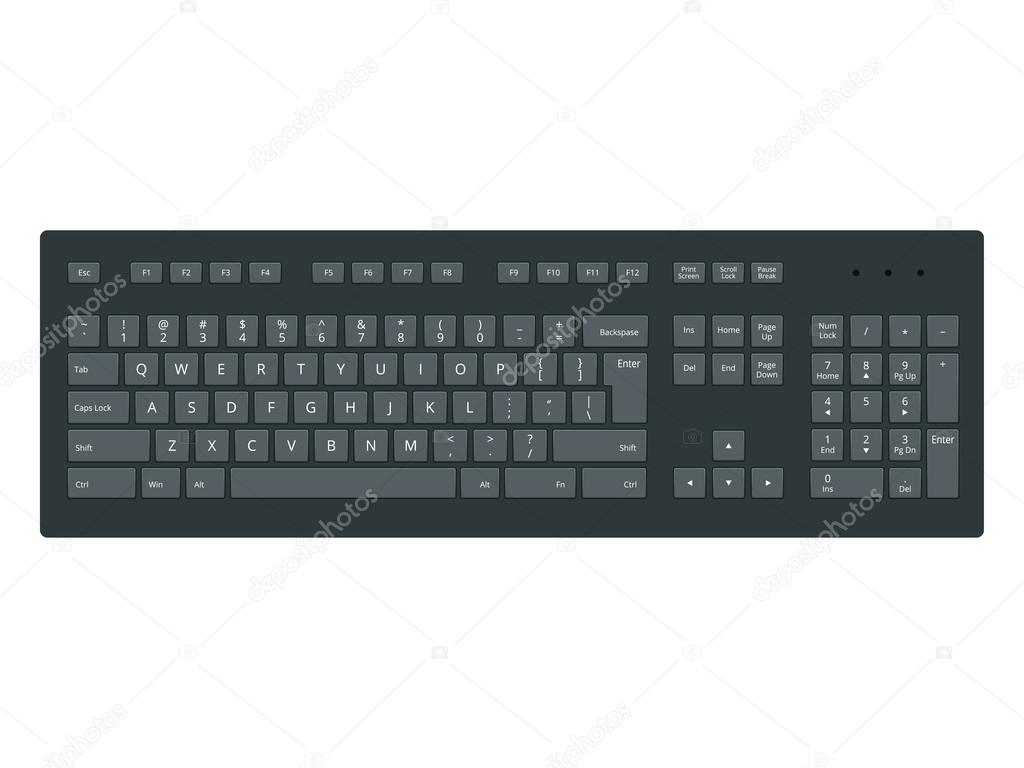 Black laptop, computer keyboard vector template isolated on white background. Illustration of control panel for pc.