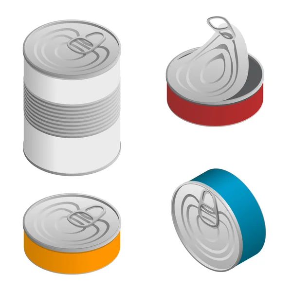 Conjunto isométrico de latas de lata de alimentos abiertas y cerradas con etiqueta en blanco aislada en blanco — Vector de stock
