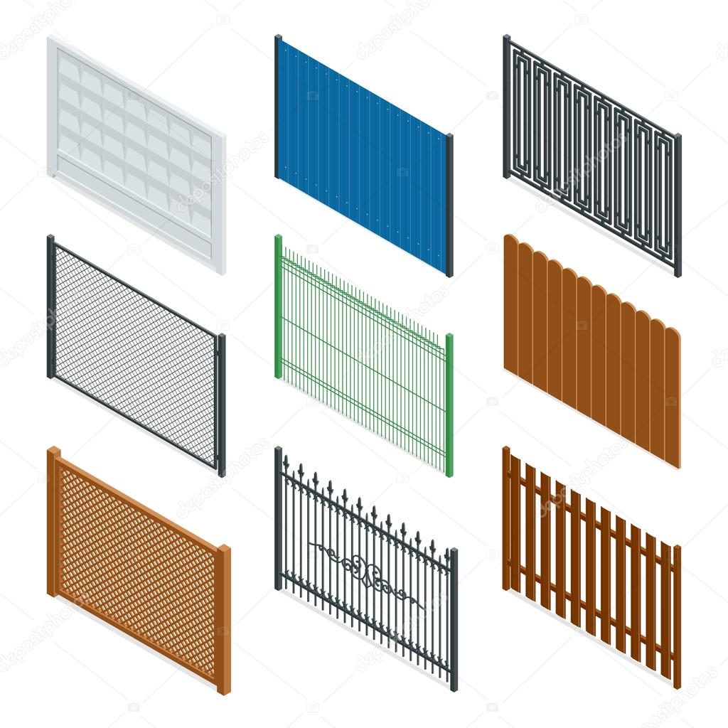 Vector Isometric icon or infographic Different designs of fences and gates isolated on a white background. Stone fence, iron fence, wrought-iron fence illustration.