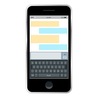 Mobil messenger sohbet, el ile bir mesaj gönderme smartphone. İzometrik düz tasarım, vektör çizim. Smartphone klavye, hareket eden telefon tuş takımı vektör mockup. Klavye için hareket eden aygıt