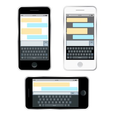 Mobil messenger sohbet, el ile bir mesaj gönderme smartphone. İzometrik düz tasarım, vektör çizim. Smartphone klavye, hareket eden telefon tuş takımı vektör mockup. Klavye için hareket eden aygıt