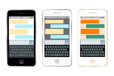 Mobil messenger sohbet, el ile bir mesaj gönderme smartphone. İzometrik düz tasarım, vektör çizim. Smartphone klavye, hareket eden telefon tuş takımı vektör mockup. Klavye için hareket eden aygıt