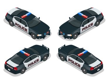 Moder Amerikan polis arabası. Düz 3d izometrik yüksek kaliteli şehir hizmet taşıma simge kümesi. İzometrik polis arabası