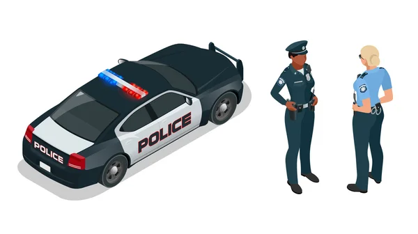 Oficer policji i samochód policyjny z syreny światło miga. Policjant w samochód policyjny uniform, nowoczesne, policjantka pisania sztuk, odznaka policja, światła policyjne — Wektor stockowy