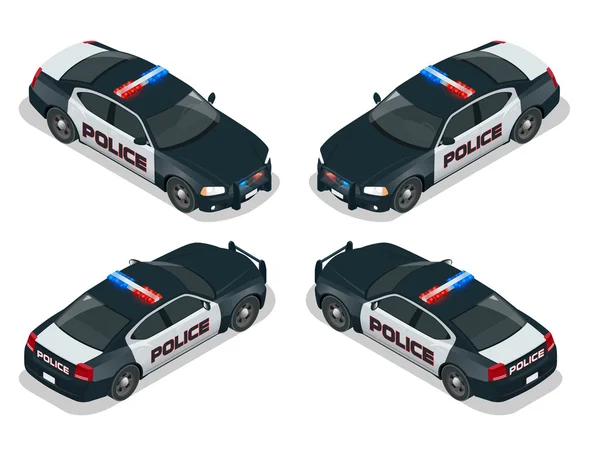 Carro da polícia americana Moder. Plano 3d isométrico de alta qualidade conjunto de ícones de transporte de serviço da cidade. Carro de polícia isométrico —  Vetores de Stock