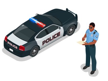 İzometrik polis memuru ve polis arabası siren ile yanıp sönen ışık. Üniformalı polis memuru. Modern polis arabası. Polis yazma hız cezası için sürücü.