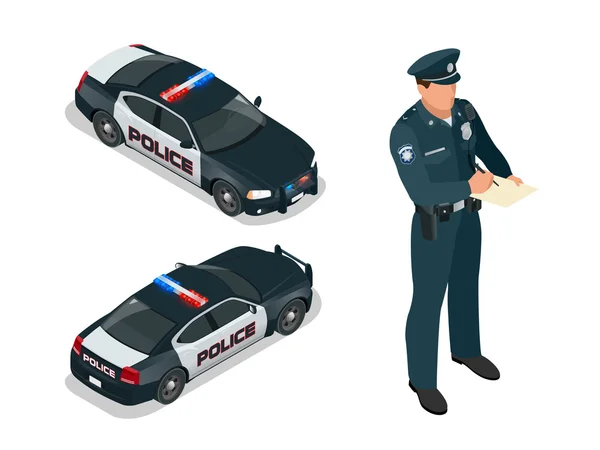 Oficial de policía isométrico y coche de policía con luz de sirena parpadeando. Oficial de policía de uniforme. Moderno coche de policía. Policía escribiendo multa por exceso de velocidad para un conductor . — Vector de stock