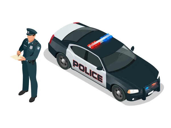 Isometrisk polis och polisbil med siren ljus blinkar. Polis i uniform. Moderna polisbil. Polisen skriver fortkörningsböter efter en drivrutin. — Stock vektor