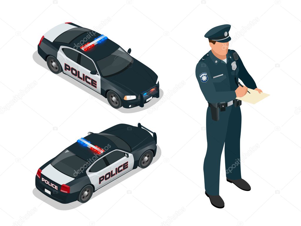 Isometric Police officer and police car with siren light blinking. Police officer in uniform. Modern police car. Policeman writing speeding ticket for a driver.