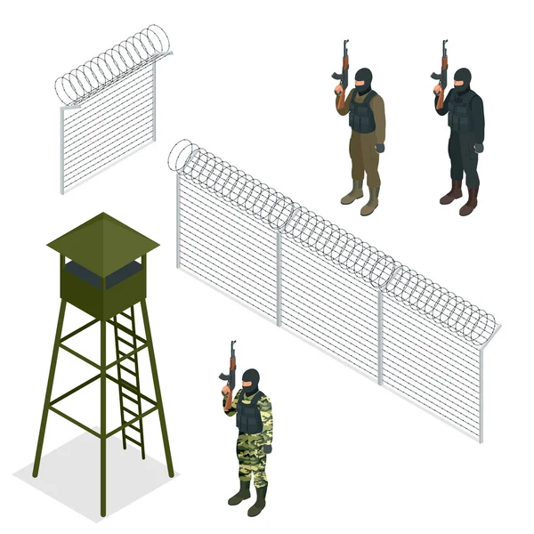 Isometric Security with a barbed wire fence. Soldier, officer. — Stock Vector