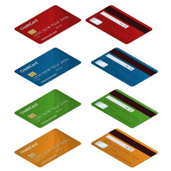 Tarjetas de crédito isométricas. Ilustración vectorial de tarjetas de crédito detalladas aisladas sobre fondo blanco. Compras en línea o pago con tarjeta — Vector de stock