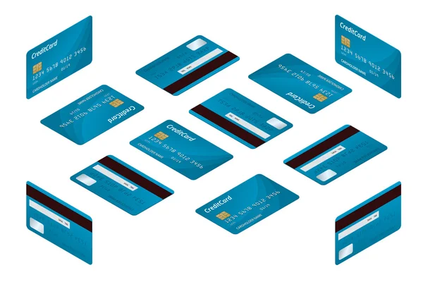 Ισομετρική πιστωτικές κάρτες. Εικονογράφηση διάνυσμα λεπτομερείς πιστωτικών καρτών που απομονώνονται σε λευκό φόντο. Online αγορές ή κάρτα πληρωμής — Διανυσματικό Αρχείο
