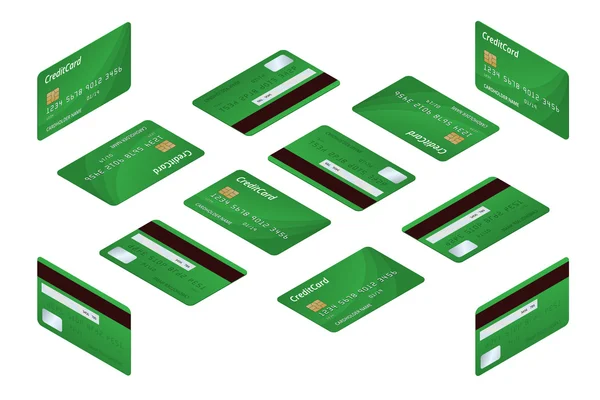 Tarjetas de crédito isométricas. Ilustración vectorial de tarjetas de crédito detalladas aisladas sobre fondo blanco. Compras en línea o pago con tarjeta — Archivo Imágenes Vectoriales