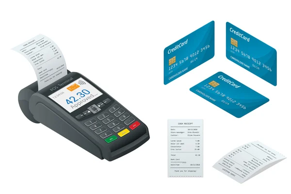 Terminal de punto de venta isométrico, tarjeta de crédito de débito, recibo impreso de ventas . — Vector de stock