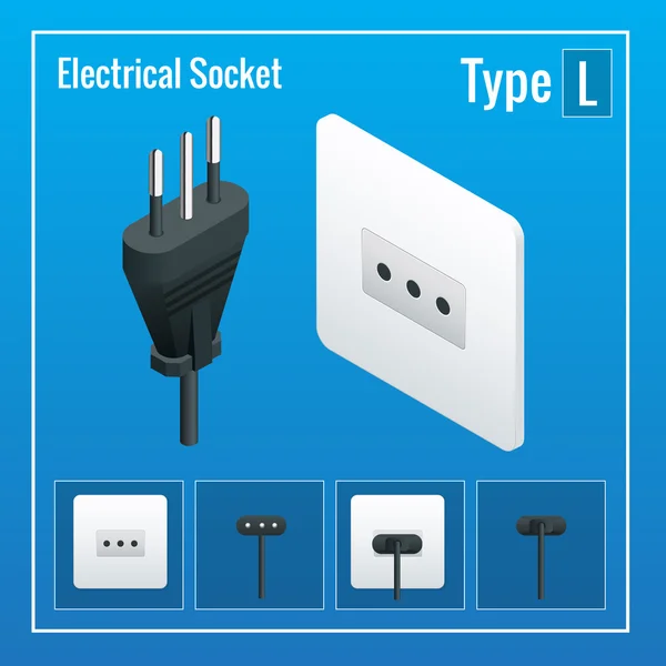 Interruptores isométricos e tomadas definidas. Tipo L. Tomadas de alimentação AC ilustração realista. tomada de energia e tomada isolada. Tomada de tomada . —  Vetores de Stock