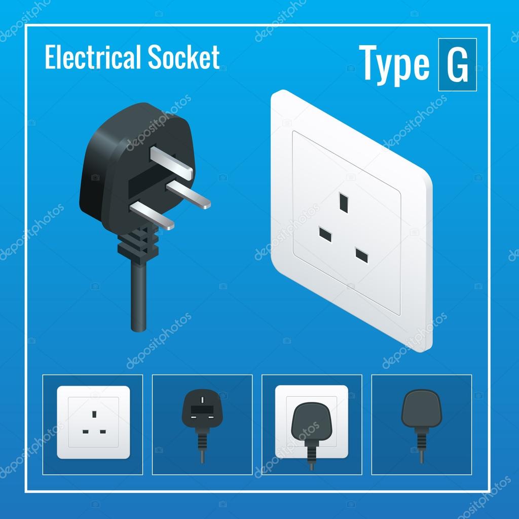Isometric Switches and sockets set. Type G. AC power sockets realistic illustration. Power outlet and socket isolated. Plug socket.