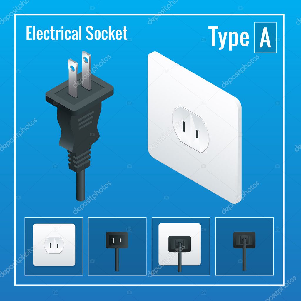 Isometric Switches and sockets set. Type A. AC power sockets realistic illustration. Power outlet and socket isolated. Plug socket.