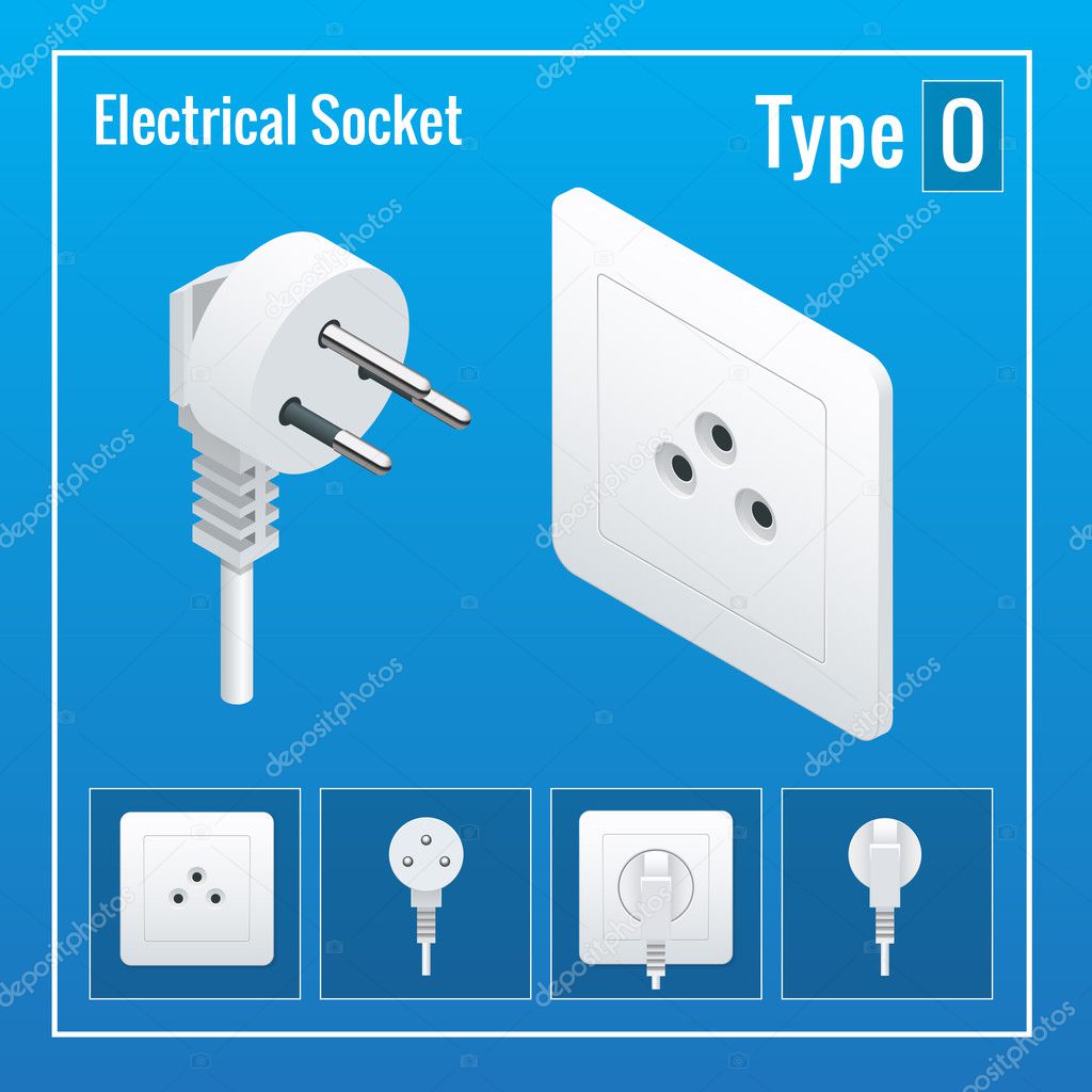 Isometric Switches and sockets set. Type O. AC power sockets realistic illustration. Power outlet and socket isolated. Plug socket.