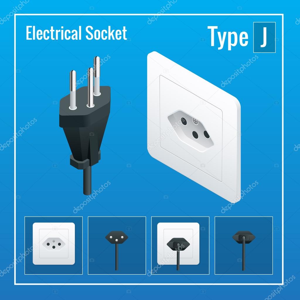 Isometric Switches and sockets set. Type J. AC power sockets realistic illustration. Power outlet and socket isolated. Plug socket.