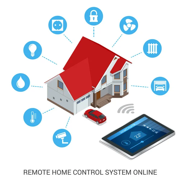 Vlakke design stijl moderne vector illustratie concept van slimme huiscontrole technologie systeem met centrale controle van de verlichting, Verwarming, ventilatie en airconditioning, beveiliging en video — Stockvector