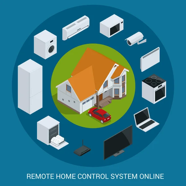 Gaya desain datar Ilustrasi vektor modern konsep cerdas sistem teknologi rumah kontrol dengan kontrol terpusat pencahayaan, pemanasan, ventilasi dan AC, keamanan dan video - Stok Vektor