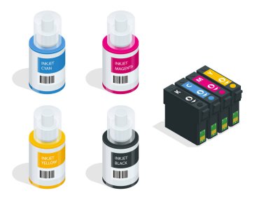 İzometrik Cmyk mürekkep püskürtmeli yazıcı ve renk grafik kayaklar kümesi. Beyaz arka plan üzerinde izole renkli mürekkep püskürtmeli yazıcı için boş yeniden doldurulabilir kartuşlar.