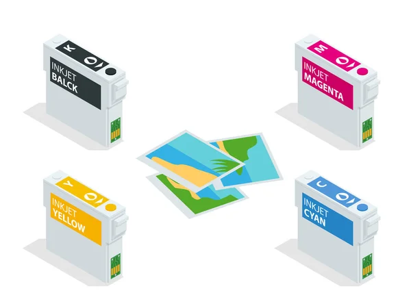 Isometrische CMYK-set cartridges voor inkjet printer en kleur grafiek. Lege hervulbare cartridges voor colour inkjetprinter geïsoleerd op witte achtergrond. — Stockvector