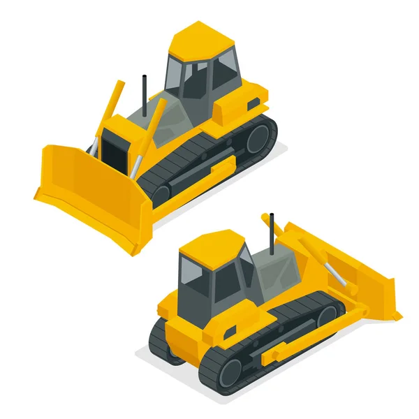 Isometrische dozer of bulldozer. Set van de constructievoertuigen machines. Continu bijgehouden trekker voor mijnen, groeven, militaire bases, zware industrie fabrieken, engineeringprojecten, boerderijen — Stockvector