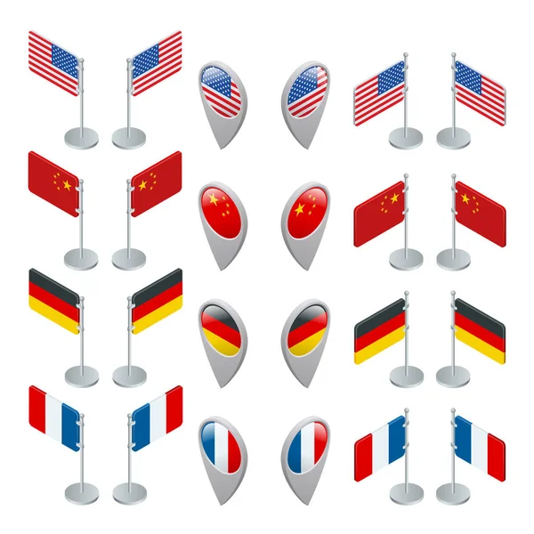 Definir bandeiras e símbolo de localização GPS. EUA, China, Alemanha e França. Ilustração isométrica plana do vetor 3d —  Vetores de Stock