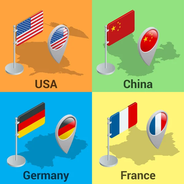 Définir les drapeaux et le symbole de localisation GPS. États-Unis, Chine, Allemagne et France. Illustration isométrique vectorielle 3D plate — Image vectorielle