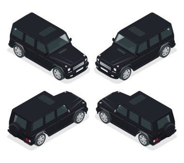 İzometrik siyah VIP araba. Ülke araç çapraz. Orta ölçekli dört tekerlekten çekiş lüks Suv. Düz 3d yüksek kalite şehir ulaşım Icon set.