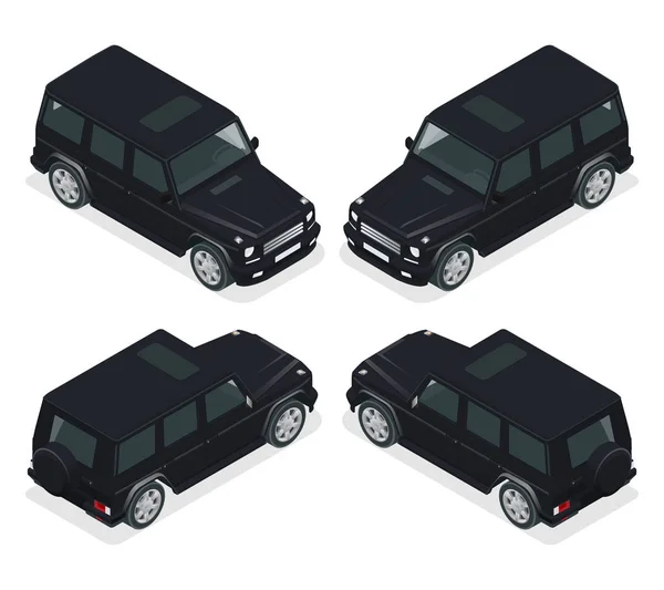 Isométrico Black VIP Car. Veículo cross country. SUV de luxo de tração nas quatro rodas de tamanho médio. Plano 3d de alta qualidade conjunto ícone de transporte da cidade . — Vetor de Stock