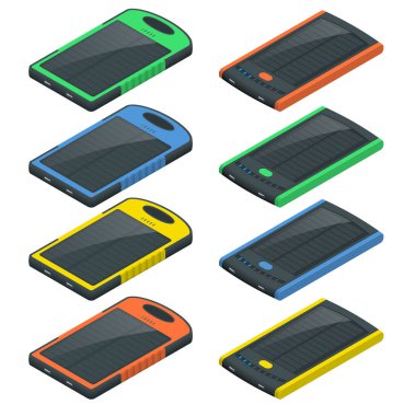 İzometrik yerleşik güneş akıllı telefon şarj paneli. Modern alternatif enerji. Ekolojik enerji. Vektör çizim.
