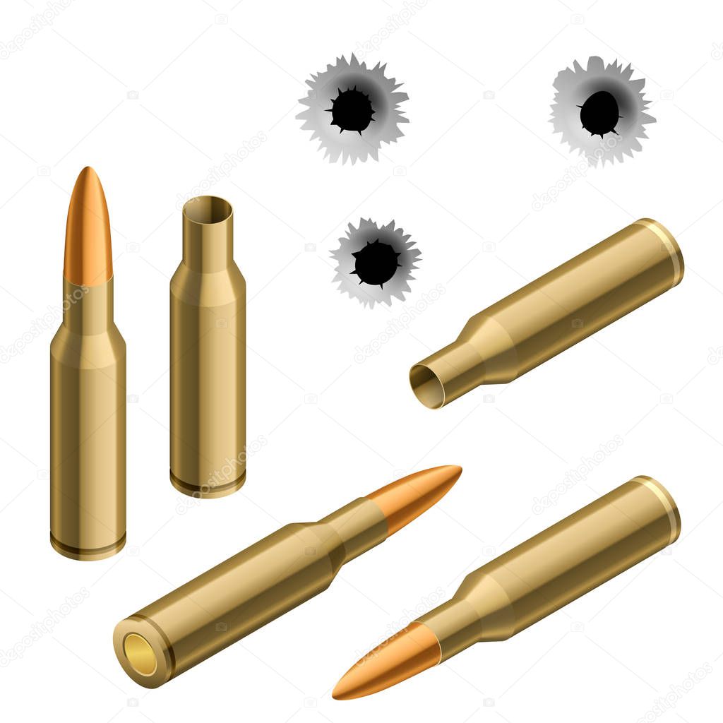 Isometric shot gun bullets and bullet holes isolated on white background. Ammunition, guns, military illustration.